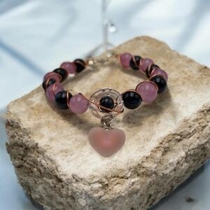 Handmade wirewrapped Pink and Black Heart Charm Bracelet
